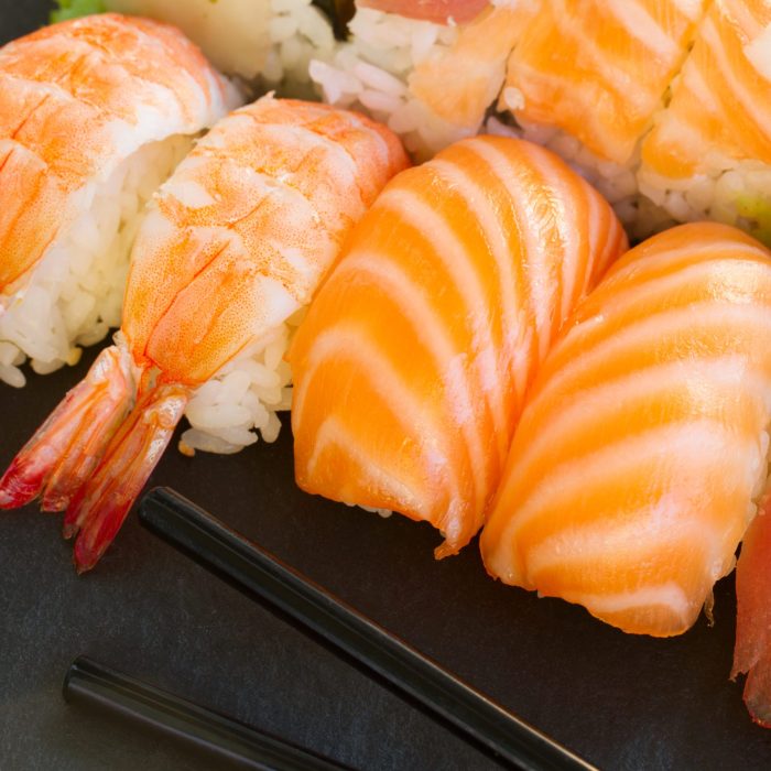 lunch with japaneese  nigiri sushi dish close up